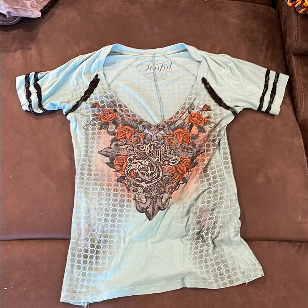 Light Blue Tee with Black Honeycomb Design